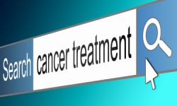 Illustration depicting a screen shot of an internet search bar containing a cancer treatment concept.